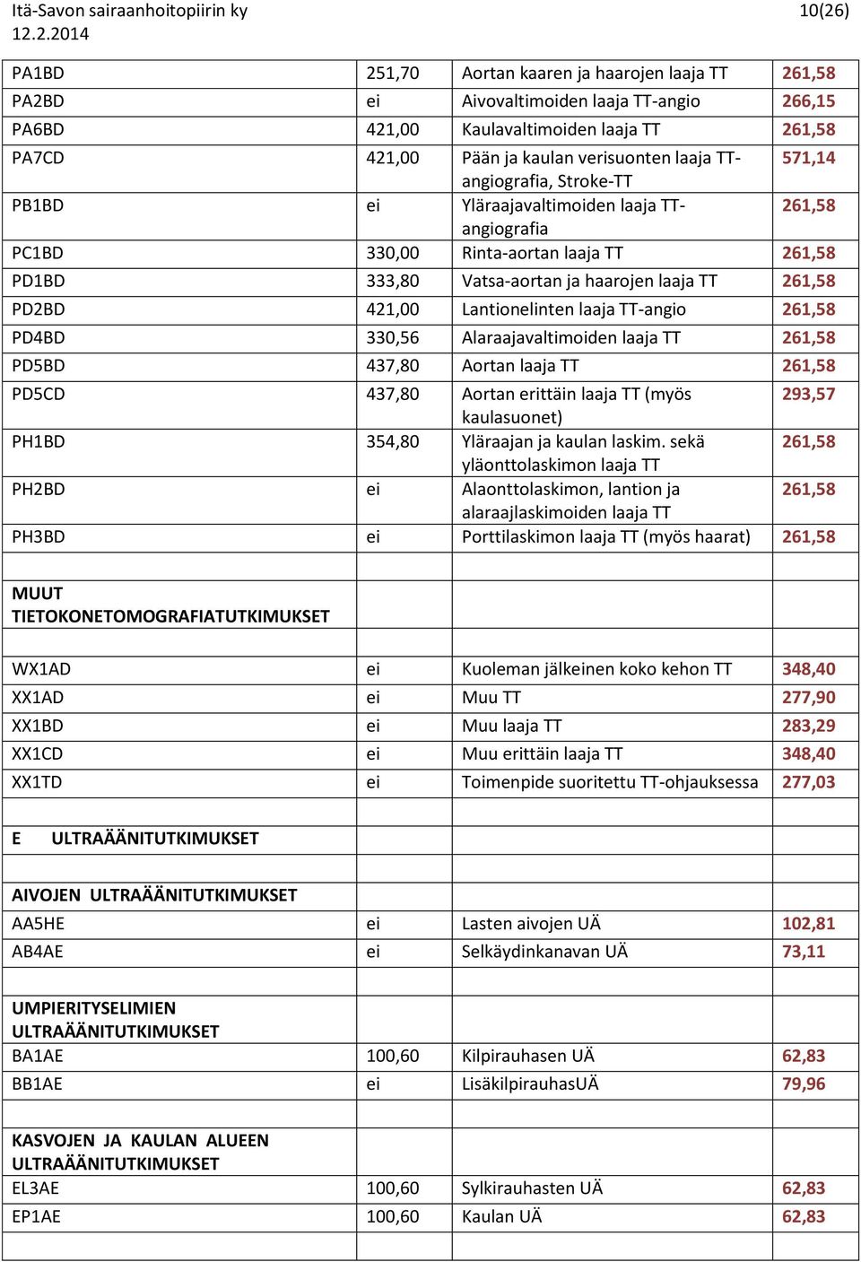 haarojen laaja TT 261,58 PD2BD 421,00 Lantionelinten laaja TT-angio 261,58 PD4BD 330,56 Alaraajavaltimoiden laaja TT 261,58 PD5BD 437,80 Aortan laaja TT 261,58 PD5CD 437,80 Aortan erittäin laaja TT