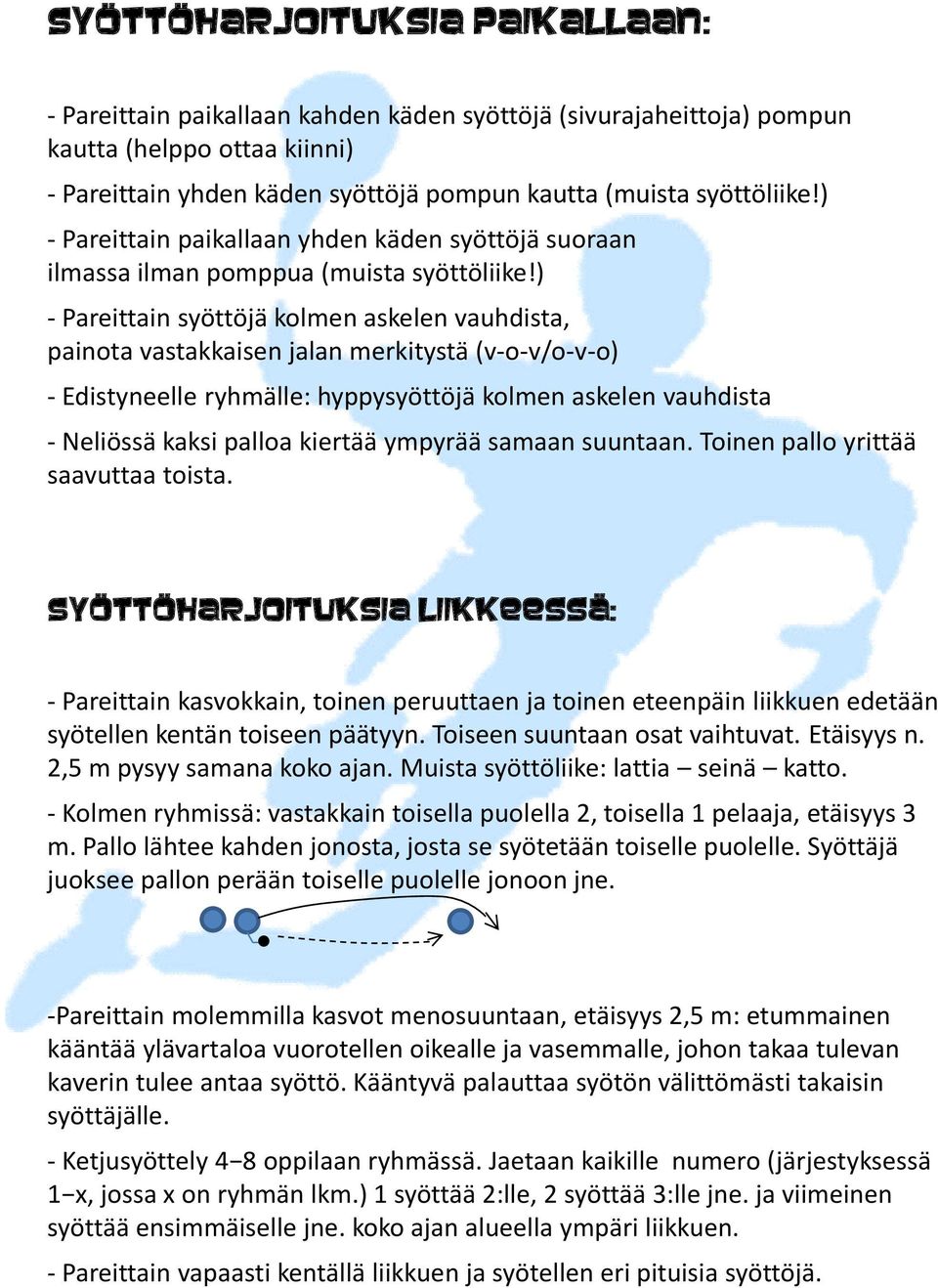 ) - Pareittain syöttöjä kolmen askelen vauhdista, painota vastakkaisen jalan merkitystä (v-o-v/o-v-o) - Edistyneelle ryhmälle: hyppysyöttöjä kolmen askelen vauhdista - Neliössä kaksi palloa kiertää