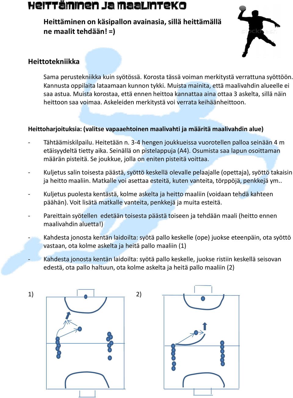Muista korostaa, että ennen heittoa kannattaa aina ottaa 3 askelta, sillä näin heittoon saa voimaa. Askeleiden merkitystä voi verrata keihäänheittoon.