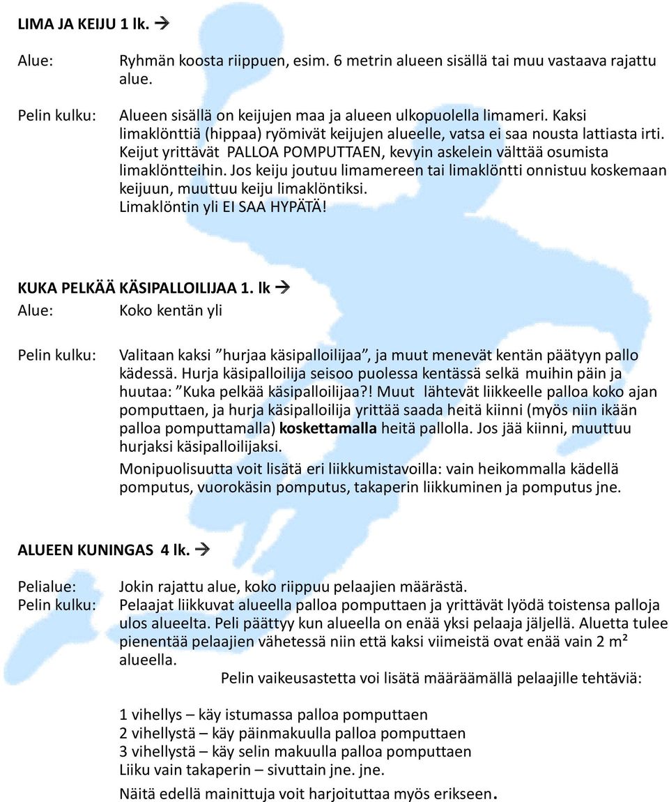 Jos keiju joutuu limamereen tai limaklöntti onnistuu koskemaan keijuun, muuttuu keiju limaklöntiksi. Limaklöntin yli EI SAA HYPÄTÄ! KUKA PELKÄÄ KÄSIPALLOILIJAA 1.