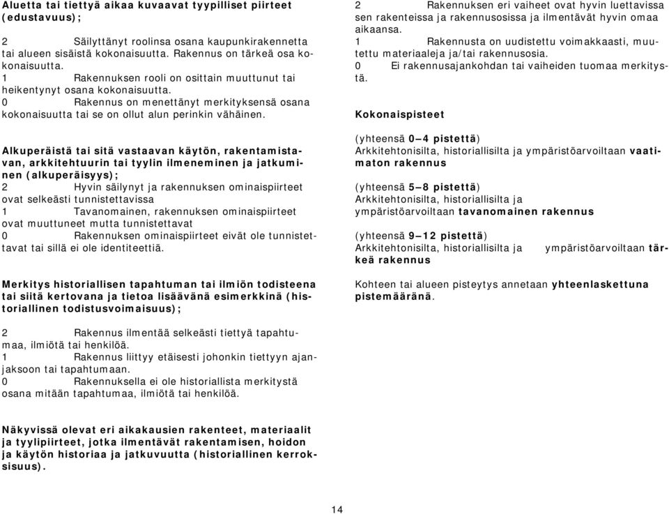 Alkuperäistä tai sitä vastaavan käytön, rakentamistavan, arkkitehtuurin tai tyylin ilmeneminen ja jatkuminen (alkuperäisyys); 2 Hyvin säilynyt ja rakennuksen ominaispiirteet ovat selkeästi