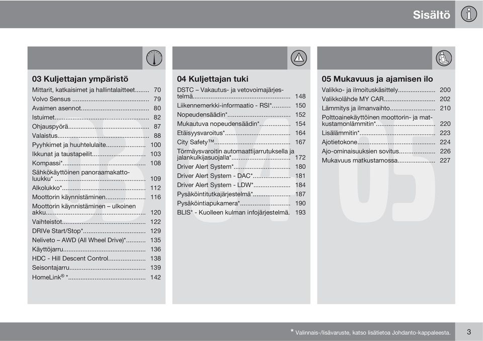 .. 164 Pyyhkimet ja huuhtelulaite... 100 City Safety... 167 Ikkunat ja taustapeilit... 103 Törmäysvaroitin automaattijarrutuksella ja jalankulkijasuojalla*... 172 Kompassi*... 108 Driver Alert System*.