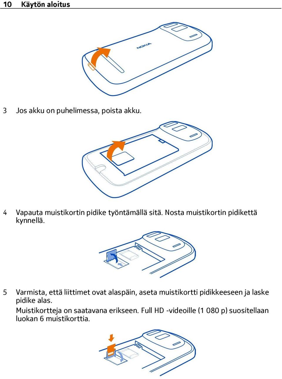 5 Varmista, että liittimet ovat alaspäin, aseta muistikortti pidikkeeseen ja laske