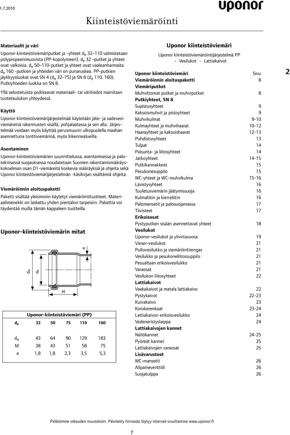 Yllä selostetuista poikkeavat materiaali- tai väritiedot mainitaan tuotetaulukon yhteyssä.