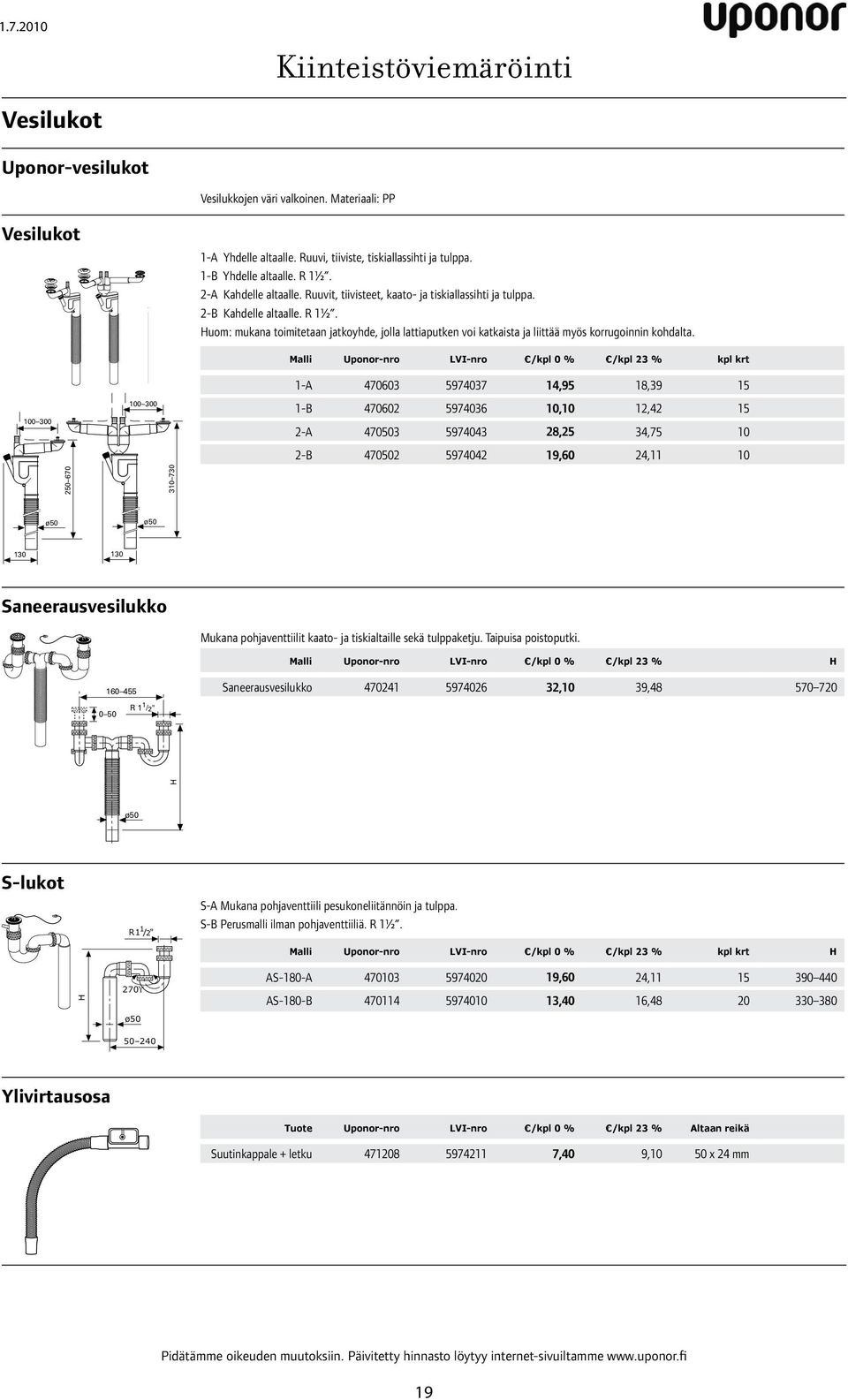 Malli Uponor-nro VI-nro /kpl 0 % /kpl 23 % kpl krt 1-A 470603 5974037 14,95 18,39 15 1-B 470602 5974036 10,10 12,42 15 2-A 470503 5974043 28,25 34,75 10 2-B 470502 5974042 19,60 24,11 10