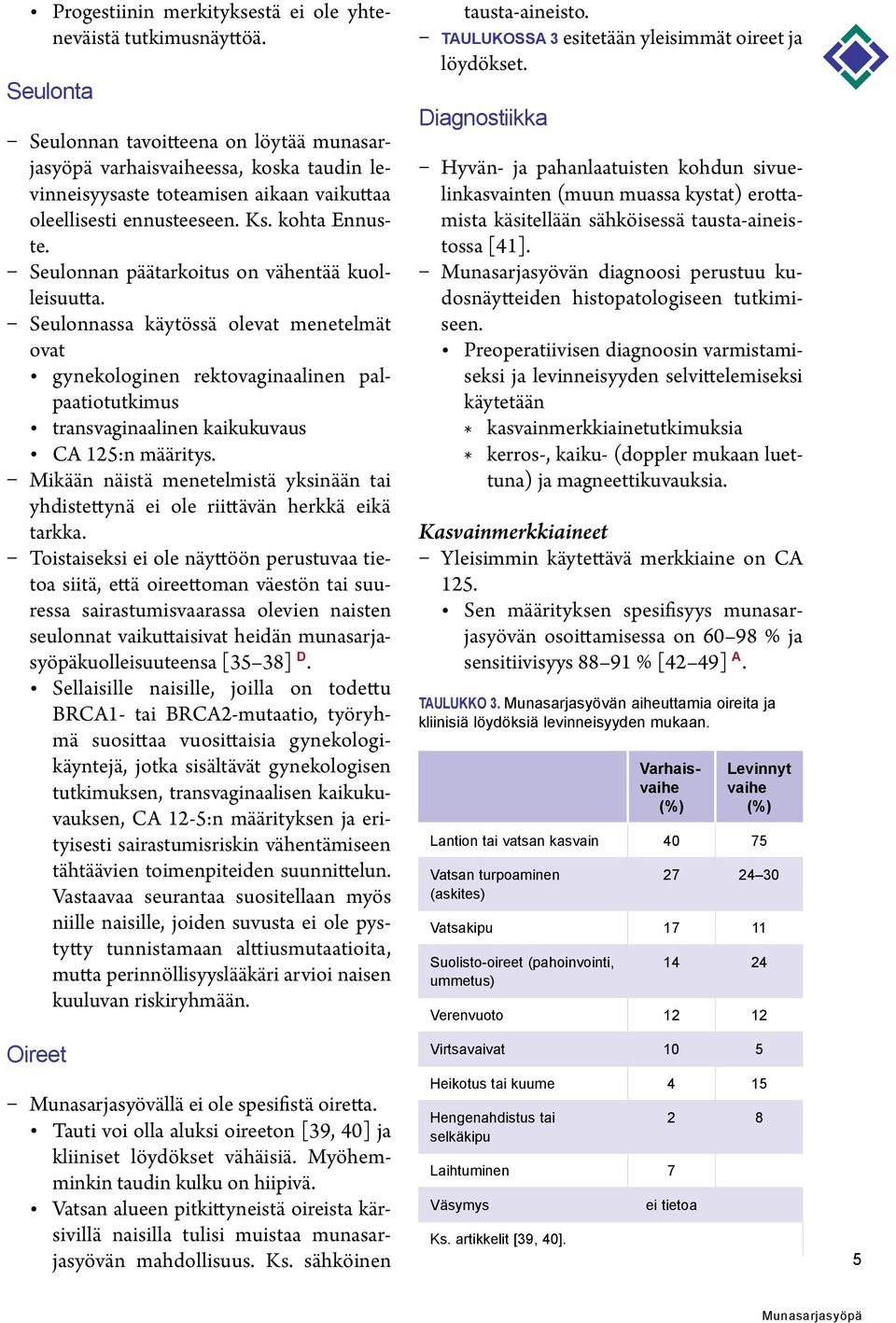 Seulonnan päätarkoitus on vähentää kuolleisuutta. Seulonnassa käytössä olevat menetelmät ovat gynekologinen rektovaginaalinen palpaatiotutkimus transvaginaalinen kaikukuvaus CA 125:n määritys.