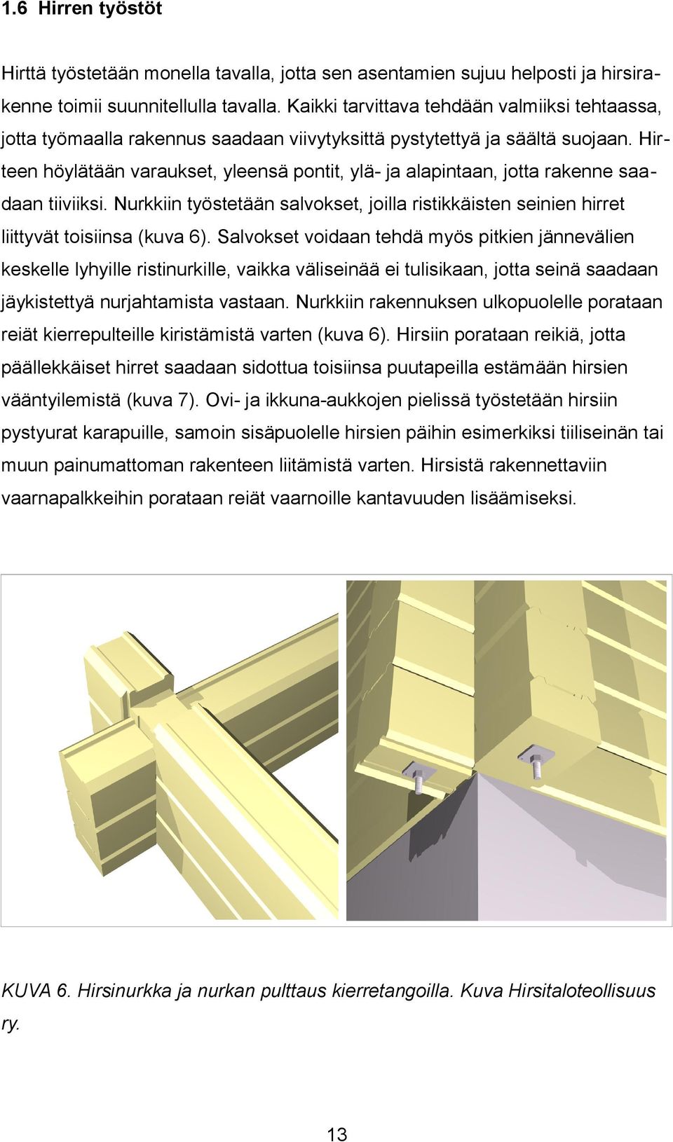 Hirteen höylätään varaukset, yleensä pontit, ylä- ja alapintaan, jotta rakenne saadaan tiiviiksi. Nurkkiin työstetään salvokset, joilla ristikkäisten seinien hirret liittyvät toisiinsa (kuva 6).