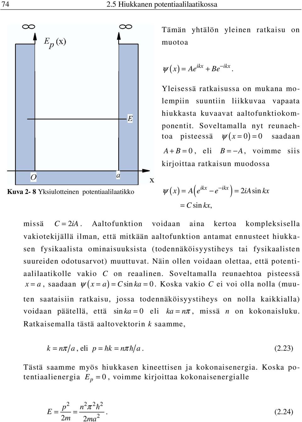 Soveltamalla nyt reunaeh- ψ x = = saadaan toa pisteessä ( ) A+ B =, eli B = A, voimme siis kirjoittaa ratkaisun muodossa Kuva - 8 Yksiulotteinen potentiaalilaatikko ikx ikx ( ) = ( ) = sin ψ x A e e