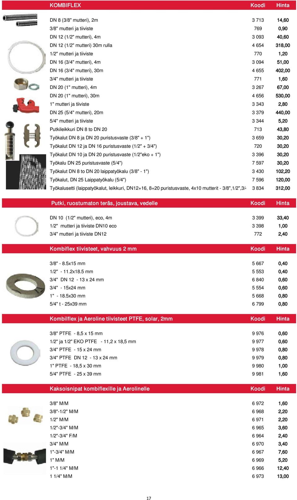 tiiviste 3 343 2,80 DN 25 (5/4" mutteri), 20m 3 379 440,00 5/4" mutteri ja tiiviste 3 344 5,20 Putkileikkuri DN 8 to DN 20 713 43,80 Työkalut DN 8 ja DN 20 puristusvaste (3/8" + 1") 3 659 30,20