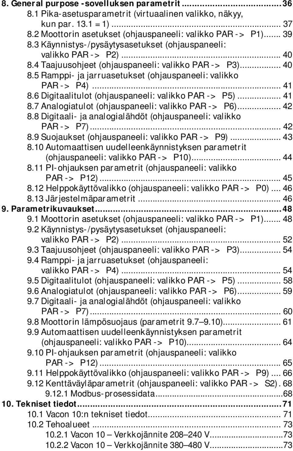 .. 41 8.6 Digitaalitulot (ohjauspaneeli: valikko PAR -> P5)... 41 8.7 Analogiatulot (ohjauspaneeli: valikko PAR -> P6)... 42 8.8 Digitaali- ja analogialähdöt (ohjauspaneeli: valikko PAR -> P7)... 42 8.9 Suojaukset (ohjauspaneeli: valikko PAR -> P9).