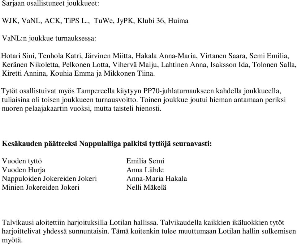 Maiju, Lahtinen Anna, Isaksson Ida, Tolonen Salla, Kiretti Annina, Kouhia Emma ja Mikkonen Tiina.