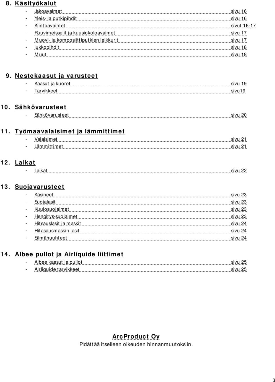 Työmaavalaisimet ja lämmittimet - Valaisimet sivu 21 - Lämmittimet sivu 21 12. Laikat - Laikat sivu 22 13.