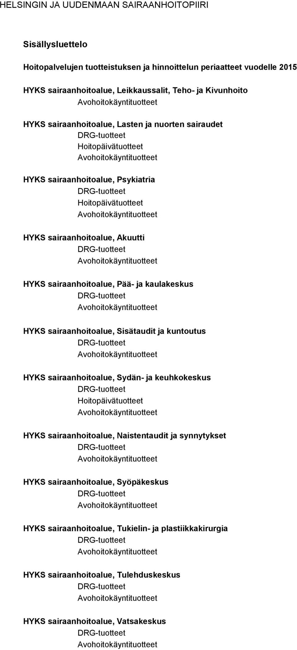 Avohoitokäyntituotteet HYKS sairaanhoitoalue, Akuutti DRG-tuotteet Avohoitokäyntituotteet HYKS sairaanhoitoalue, Pää- ja kaulakeskus DRG-tuotteet Avohoitokäyntituotteet HYKS sairaanhoitoalue,