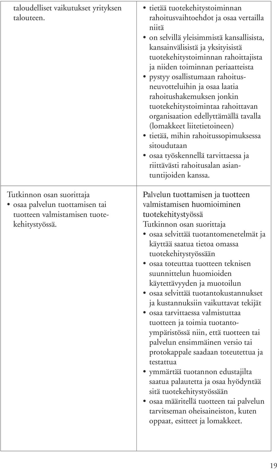 toiminnan periaatteista pystyy osallistumaan rahoitusneuvotteluihin ja osaa laatia rahoitushakemuksen jonkin tuotekehitystoimintaa rahoittavan organisaation edellyttämällä tavalla (lomakkeet