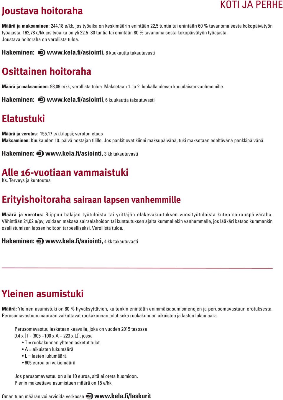 fi/asiointi, 6 kuukautta takautuvasti Osittainen hoitoraha Määrä ja maksaminen: 98,09 e/kk; verollista tuloa. Maksetaan 1. ja 2. luokalla olevan koululaisen vanhemmille. www.kela.