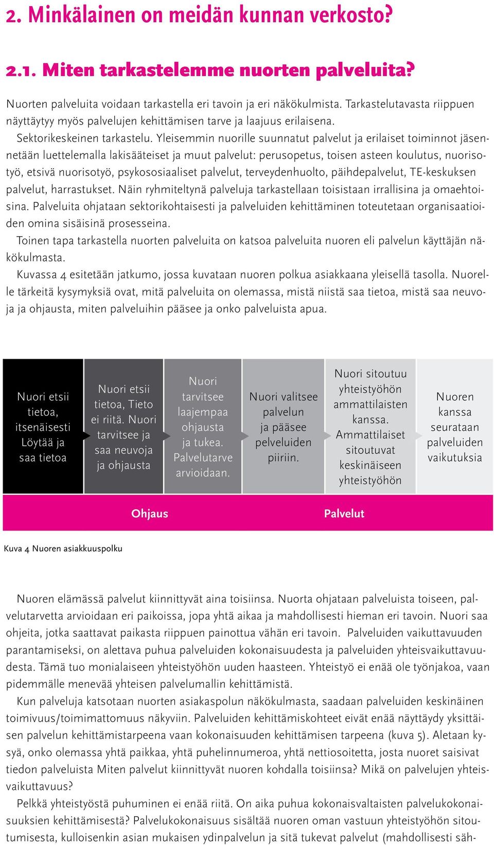 Yleisemmin nuorille suunnatut palvelut ja erilaiset toiminnot jäsennetään luettelemalla lakisääteiset ja muut palvelut: perusopetus, toisen asteen koulutus, nuorisotyö, etsivä nuorisotyö,