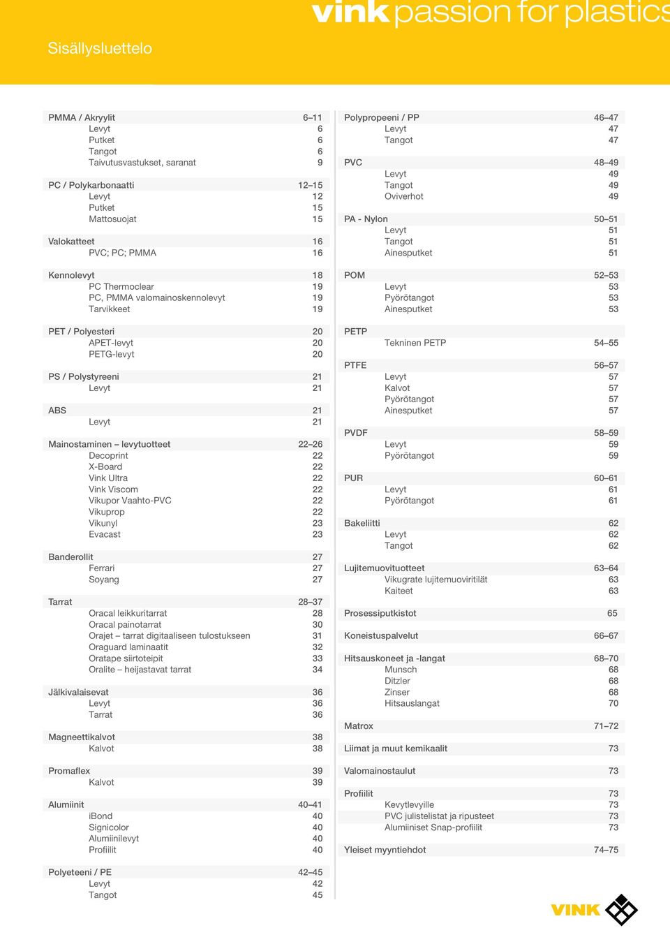 Decoprint 22 X-Board 22 Vink Ultra 22 Vink Viscom 22 Vikupor Vaahto-PVC 22 Vikuprop 22 Vikunyl 23 Evacast 23 Banderollit 27 Ferrari 27 Soyang 27 Tarrat 28 37 Oracal leikkuritarrat 28 Oracal