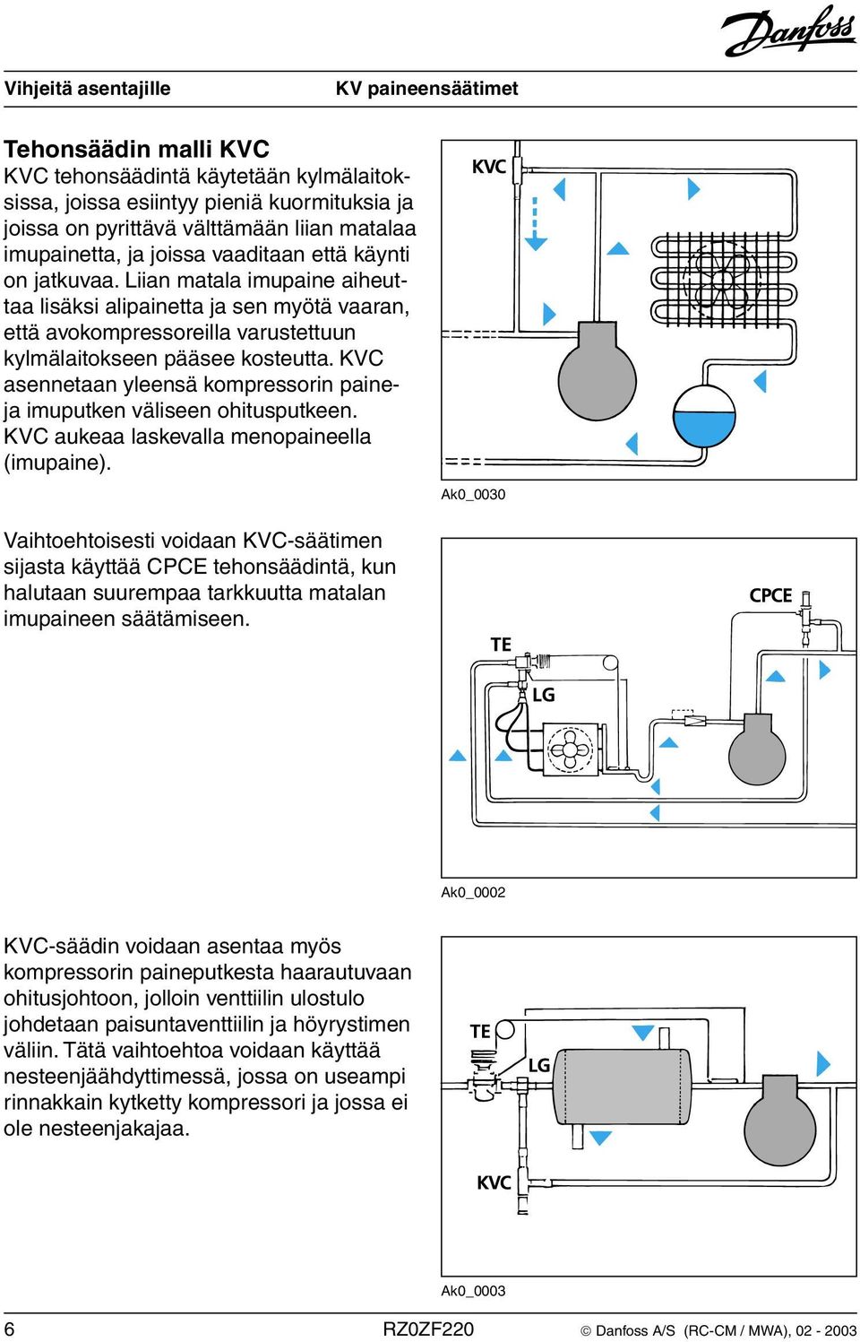 KVC asennetaan yleensä kompressorin paineja imuputken väliseen ohitusputkeen. KVC aukeaa laskevalla menopaineella (imupaine).