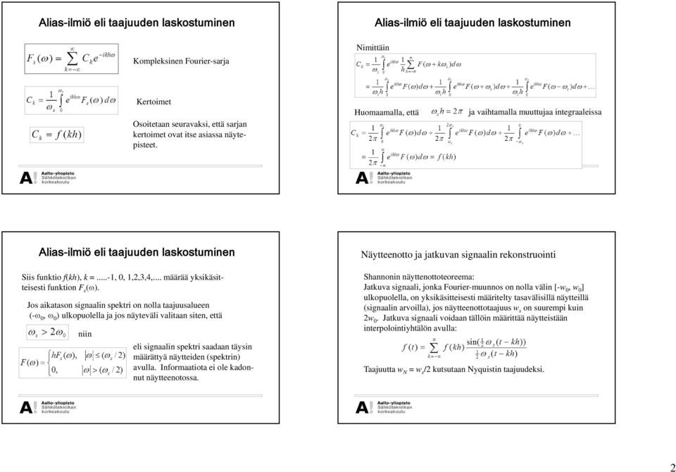 Jos aikatason signaalin spektri on nolla taajuusalueen (- 0, 0 ) ulkopuolella ja jos näyteväli valitaan siten, että niin eli signaalin spektri saadaan täysin määrättyä näytteiden (spektrin) avulla.