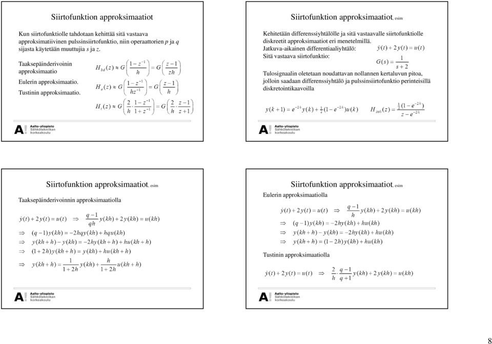 muuttujia s ja z. Kehitetään differenssiyhtälölle ja sitä vastaavalle siirtofunktiolle diskreetit approksimaatiot eri menetelmillä.