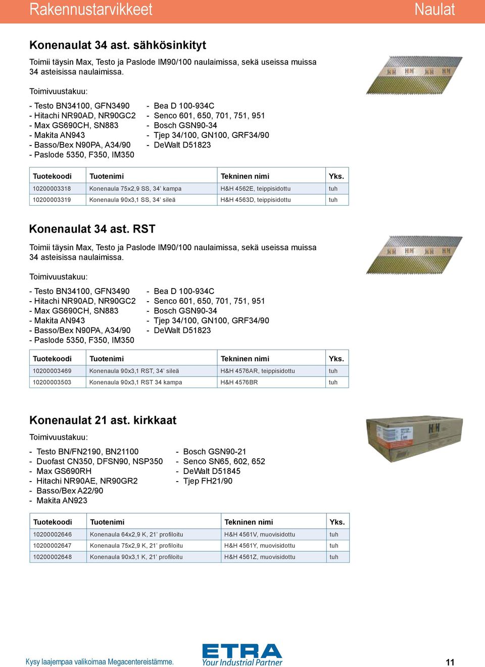 - Basso/Bex N90PA, A34/90 - DeWalt D51823 - Paslode 5350, F350, IM350 10200003318 Konenaula 75x2,9 SS, 34 kampa H&H 4562E, teippisidottu tuh 10200003319 Konenaula 90x3,1 SS, 34 sileä H&H 4563D,