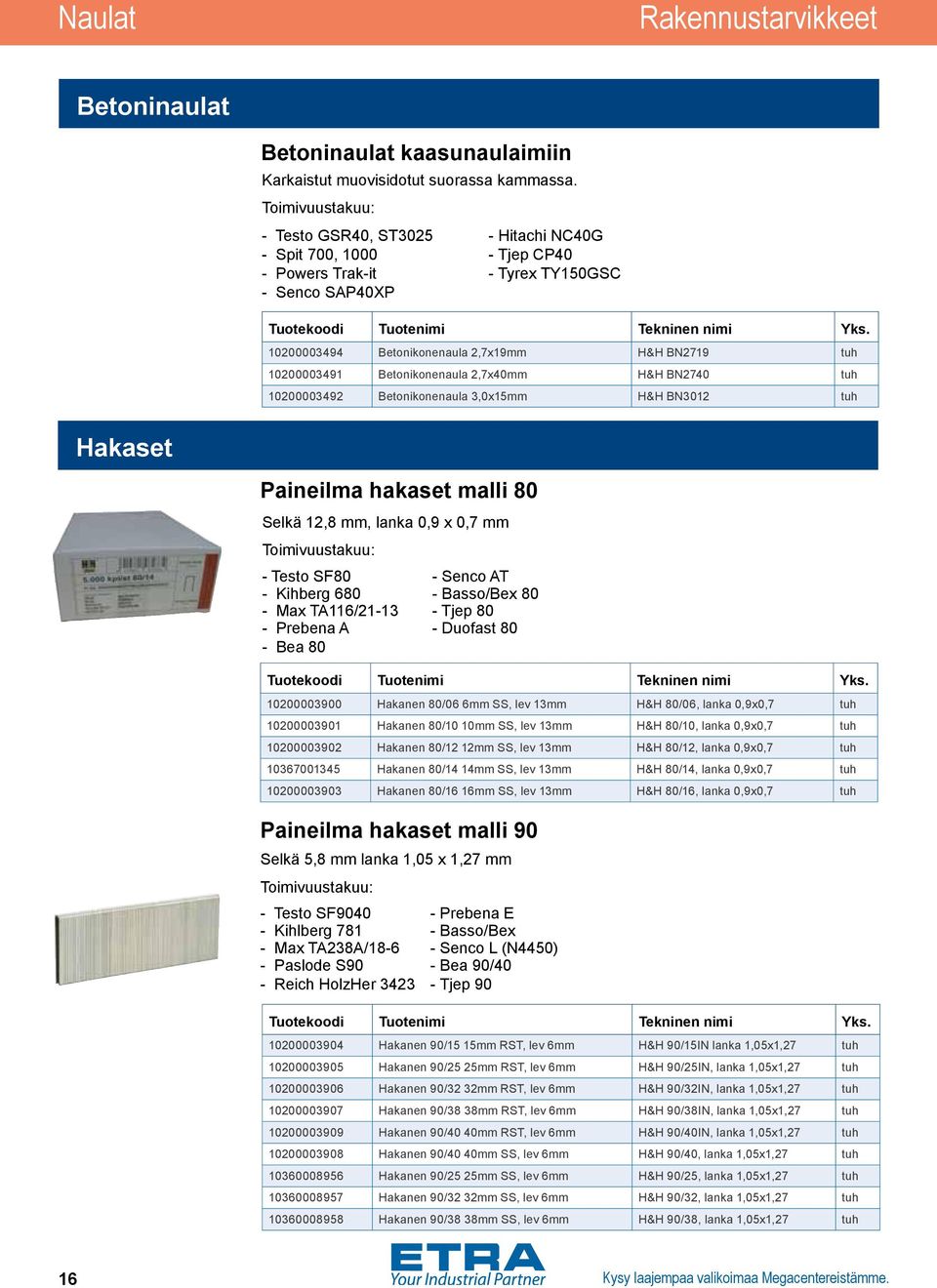 Betonikonenaula 2,7x40mm H&H BN2740 tuh 10200003492 Betonikonenaula 3,0x15mm H&H BN3012 tuh Hakaset Paineilma hakaset malli 80 Selkä 12,8 mm, lanka 0,9 x 0,7 mm Toimivuustakuu: - Testo SF80 - Senco