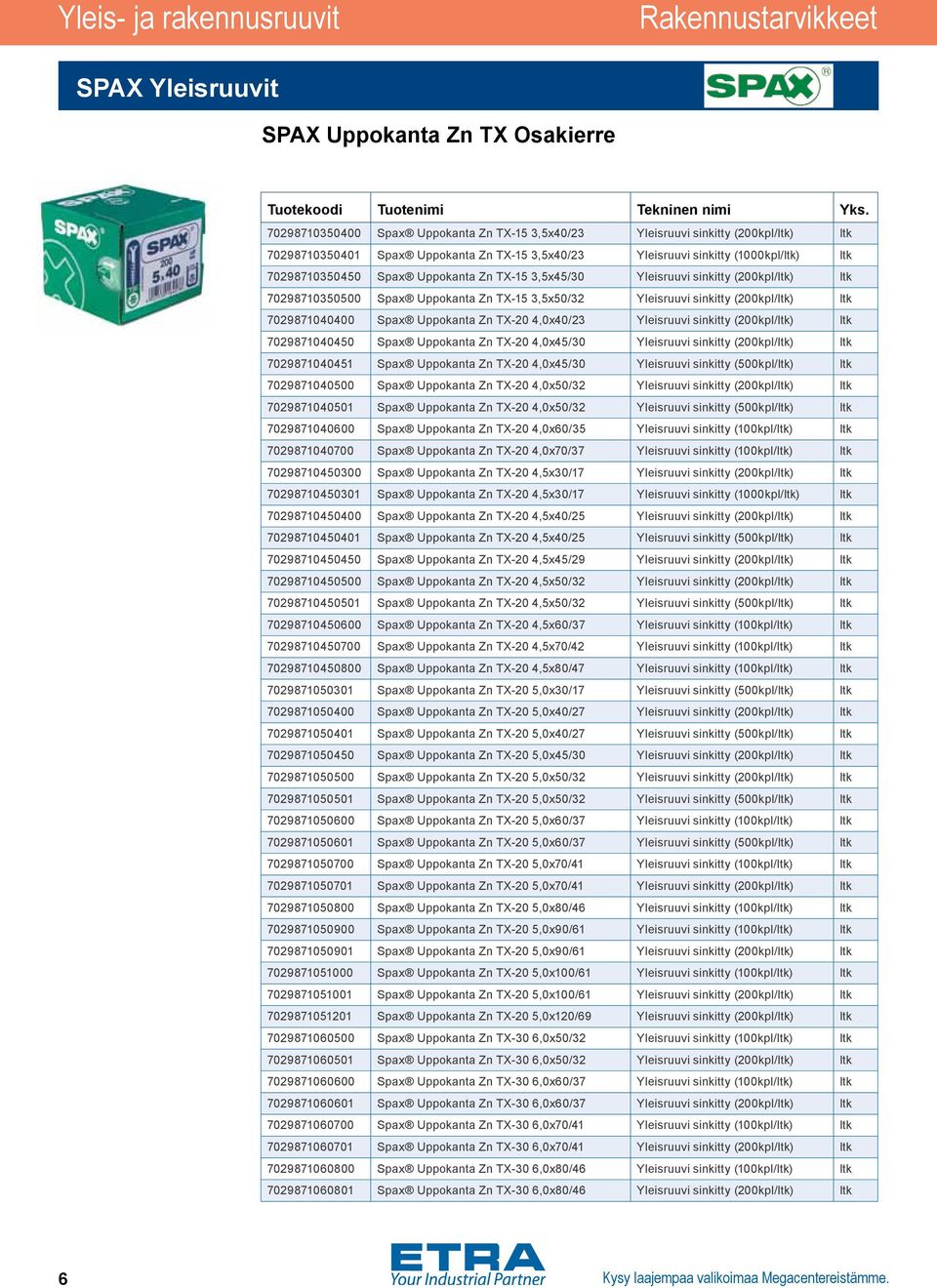 3,5x50/32 Yleisruuvi sinkitty (200kpl/ltk) ltk 7029871040400 Spax Uppokanta Zn TX-20 4,0x40/23 Yleisruuvi sinkitty (200kpl/ltk) ltk 7029871040450 Spax Uppokanta Zn TX-20 4,0x45/30 Yleisruuvi sinkitty