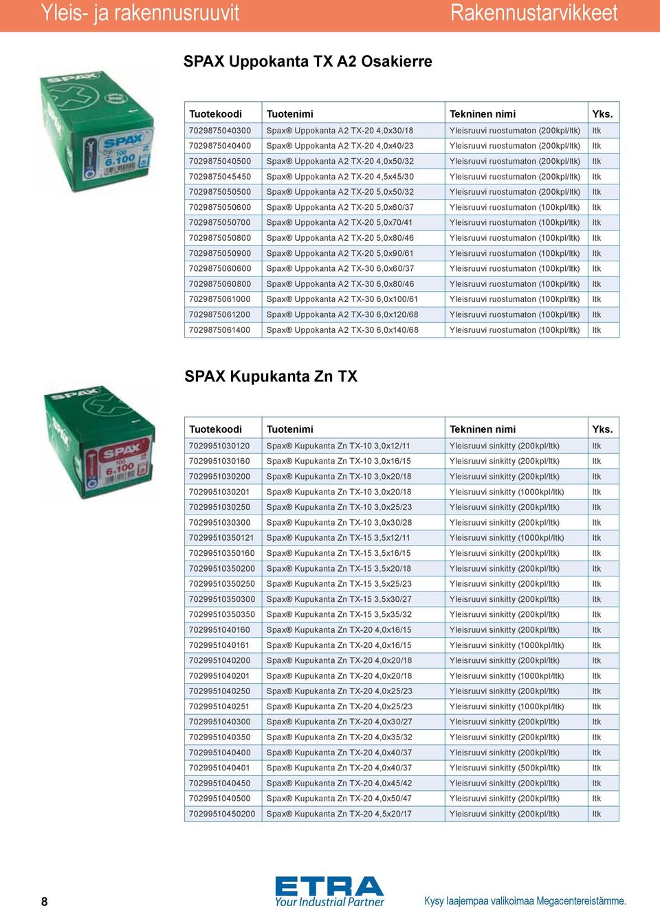 Yleisruuvi ruostumaton (200kpl/ltk) ltk 7029875050500 Spax Uppokanta A2 TX-20 5,0x50/32 Yleisruuvi ruostumaton (200kpl/ltk) ltk 7029875050600 Spax Uppokanta A2 TX-20 5,0x60/37 Yleisruuvi ruostumaton