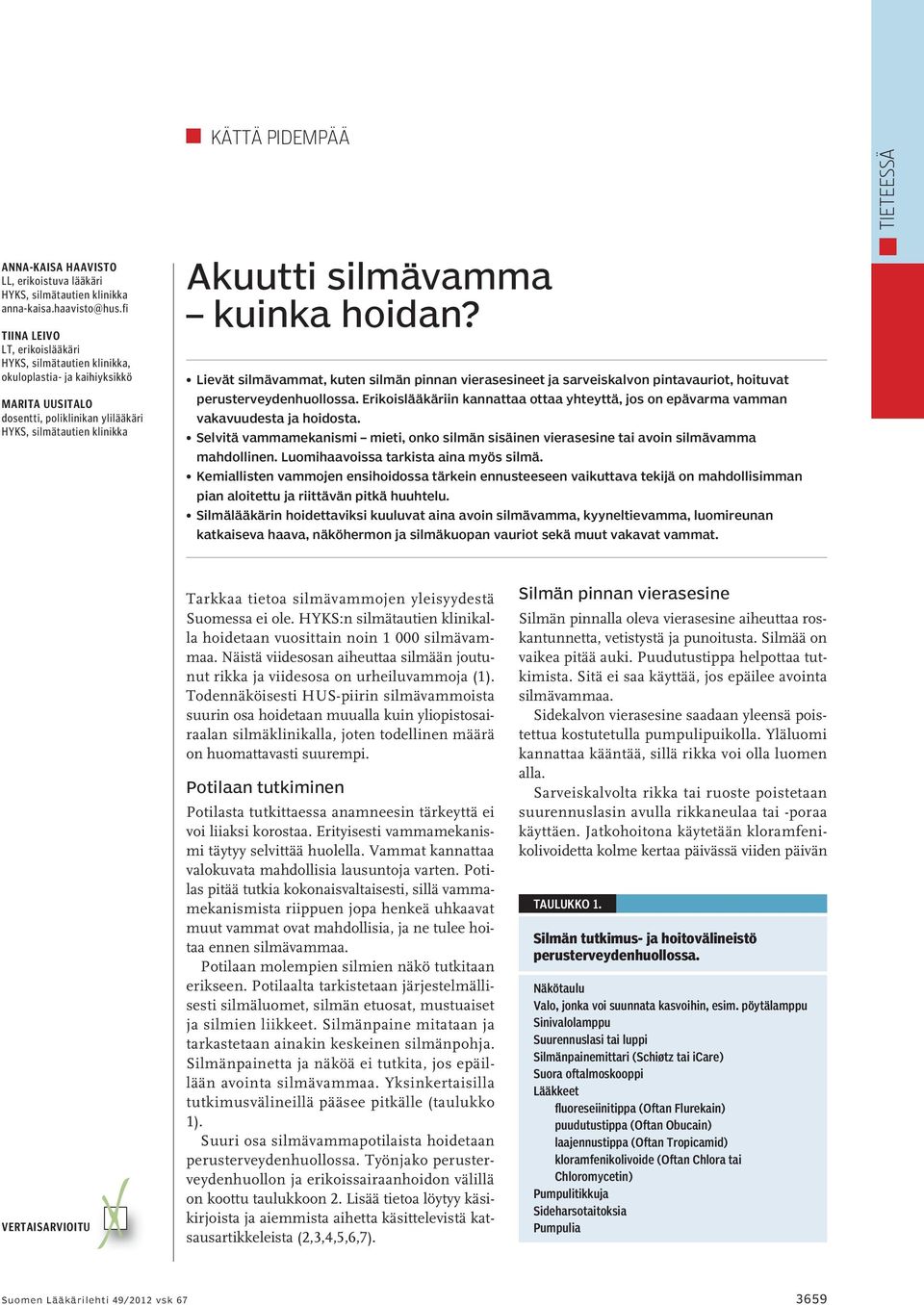 hoidan? Lievät silmävammat, kuten silmän pinnan vierasesineet ja sarveiskalvon pintavauriot, hoituvat perusterveydenhuollossa.