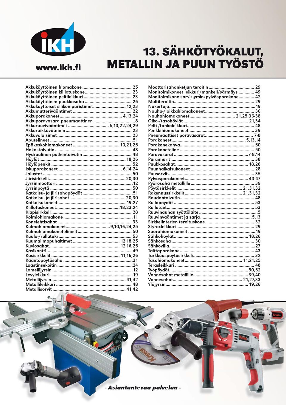 .. 23 Akkuvalaisimet... 23 Aputelineet...51 Epäkeskohiomakoneet...10,21,25 Hakastaivutin... 48 Hydraulinen putkentaivutin... 48 Höylät... 18,26 Höyläpenkit... 52 Iskuporakoneet... 6,14,24 Jalustat.