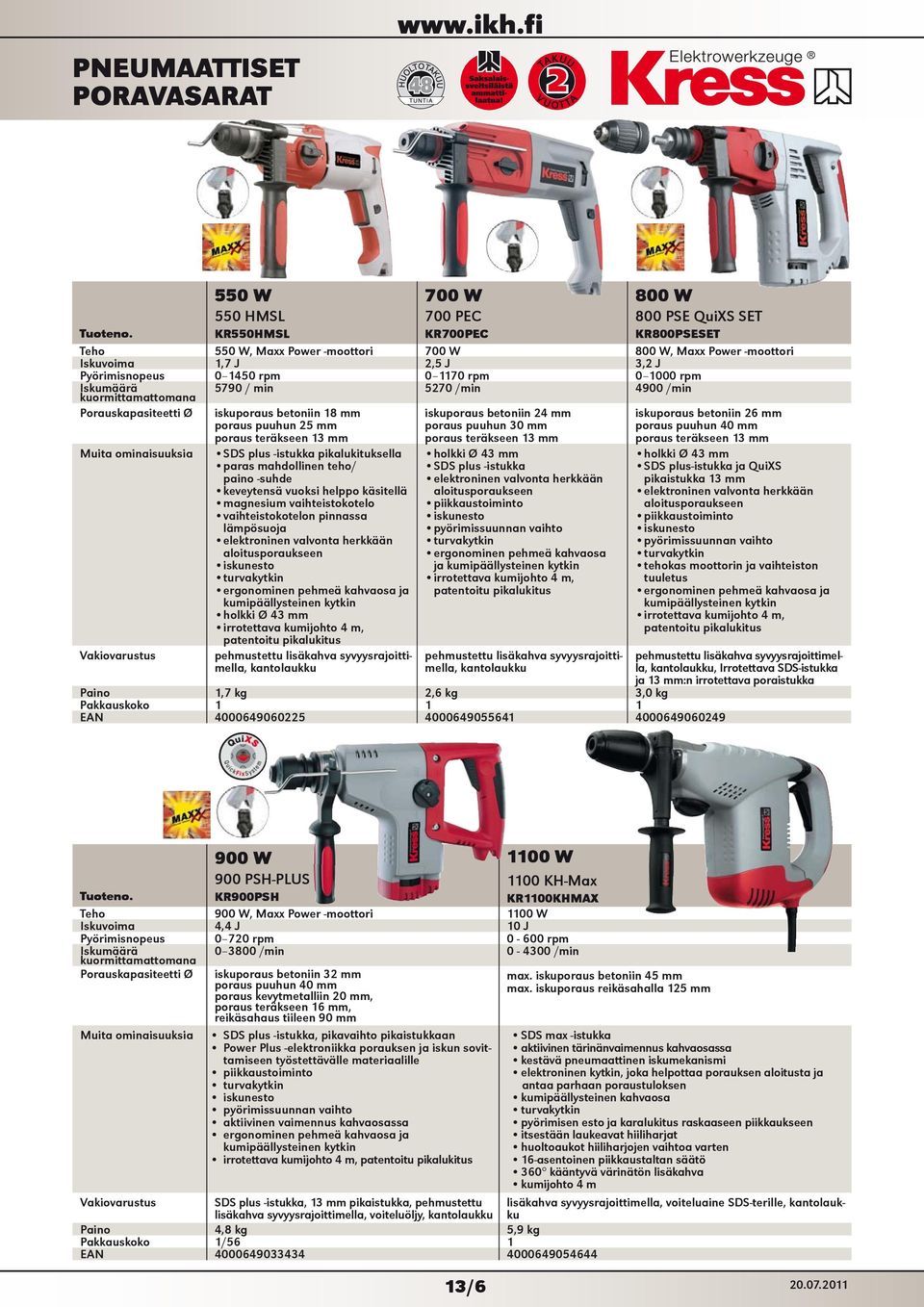 poraus puuhun 25 mm poraus teräkseen 13 mm SDS plus -istukka pikalukituksella paras mahdollinen teho/ paino -suhde keveytensä vuoksi helppo käsitellä magnesium vaihteistokotelo vaihteistokotelon