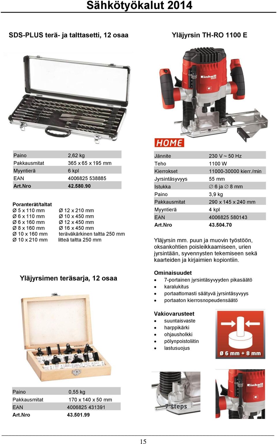 250 mm Yläjyrsimen teräsarja, 12 osaa Jyrsintäsyvyys Istukka 1100 W 11000-30000 kierr./min 55 mm 6 ja 8 mm 3,9 kg 290 x 145 x 240 mm 4 kpl EAN 4006825 580143 Art.Nro 43.504.70 Yläjyrsin mm.