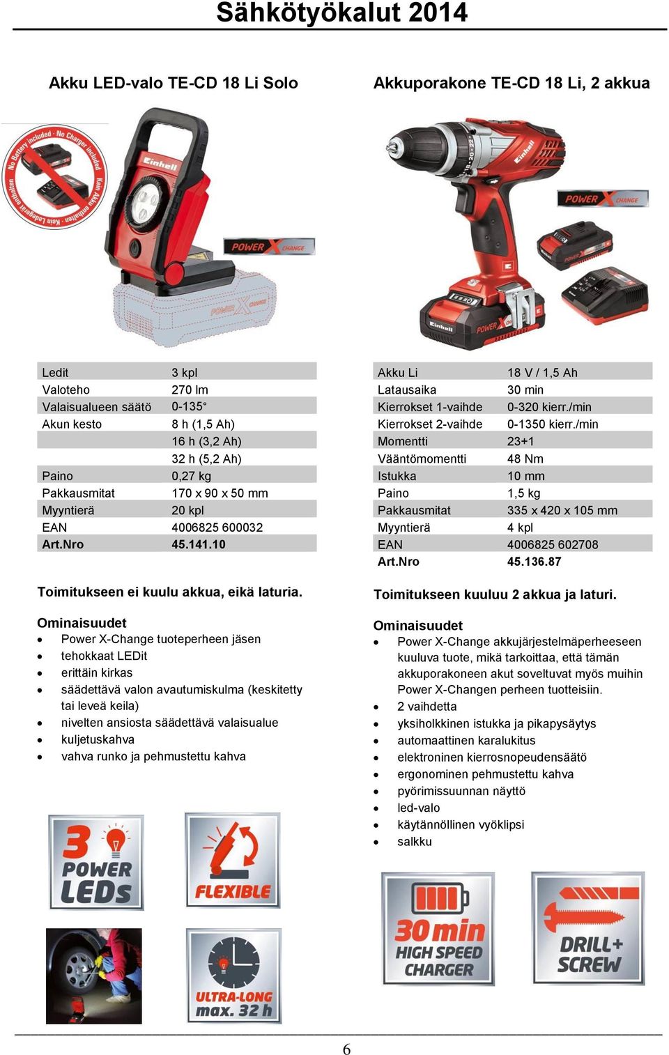 Power X-Change tuoteperheen jäsen tehokkaat LEDit erittäin kirkas säädettävä valon avautumiskulma (keskitetty tai leveä keila) nivelten ansiosta säädettävä valaisualue kuljetuskahva vahva runko ja