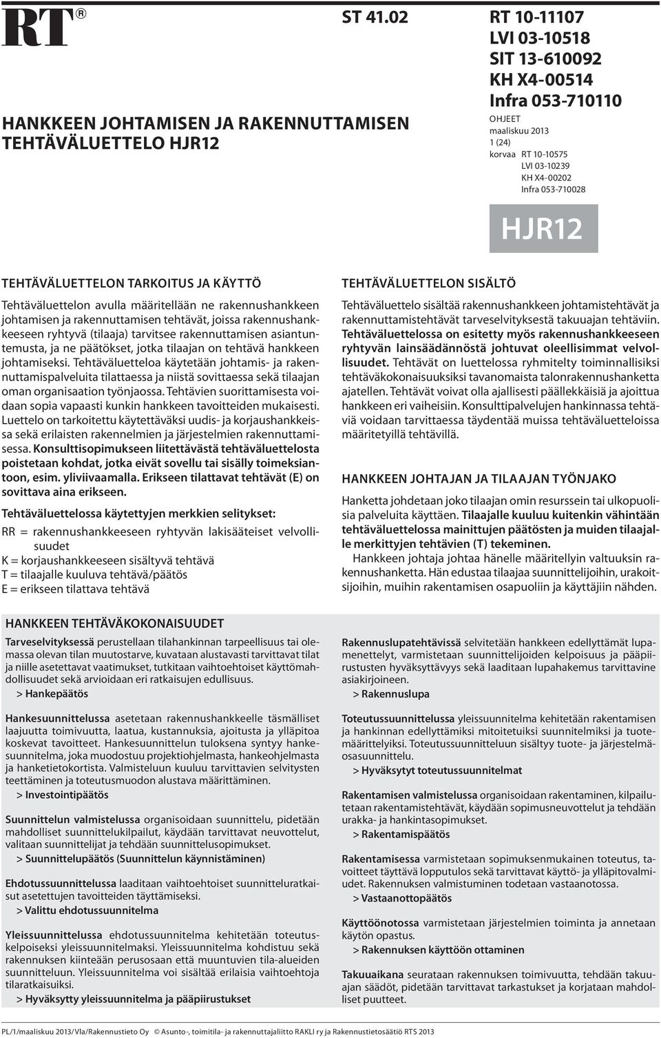 X4-00202 Infra 053-710028 HJR12 TEHTÄVÄLUETTELON TARKOITUS JA KÄYTTÖ Tehtäväluettelon avulla määritellään ne rakennushankkeen johtamisen ja rakennuttamisen tehtävät, joissa rakennushankkeeseen