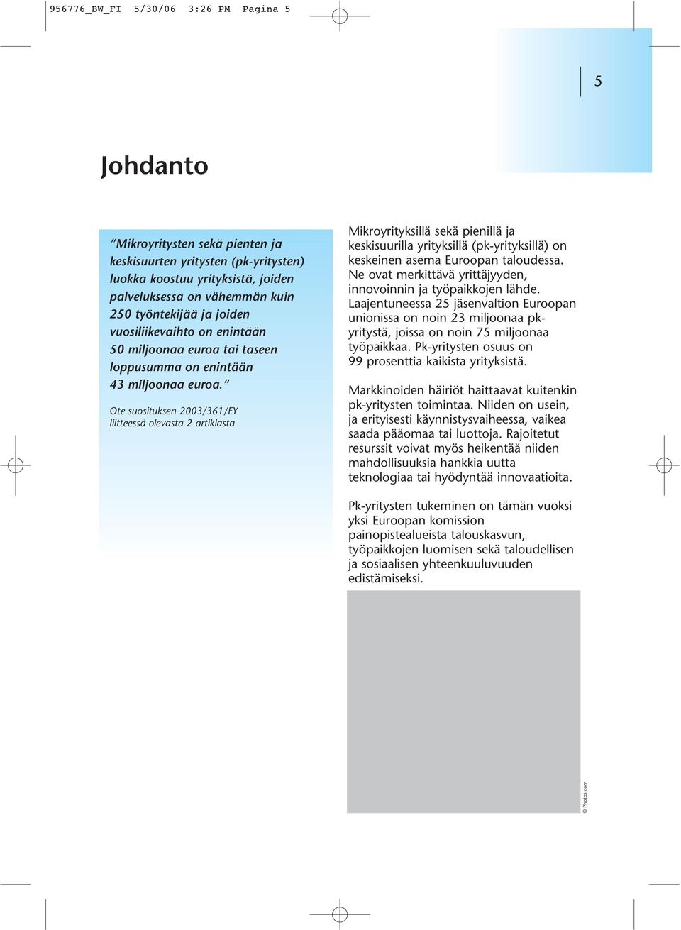 Ote suosituksen 2003/361/EY liitteessä olevasta 2 artiklasta Mikroyrityksillä sekä pienillä ja keskisuurilla yrityksillä (pk-yrityksillä) on keskeinen asema Euroopan taloudessa.