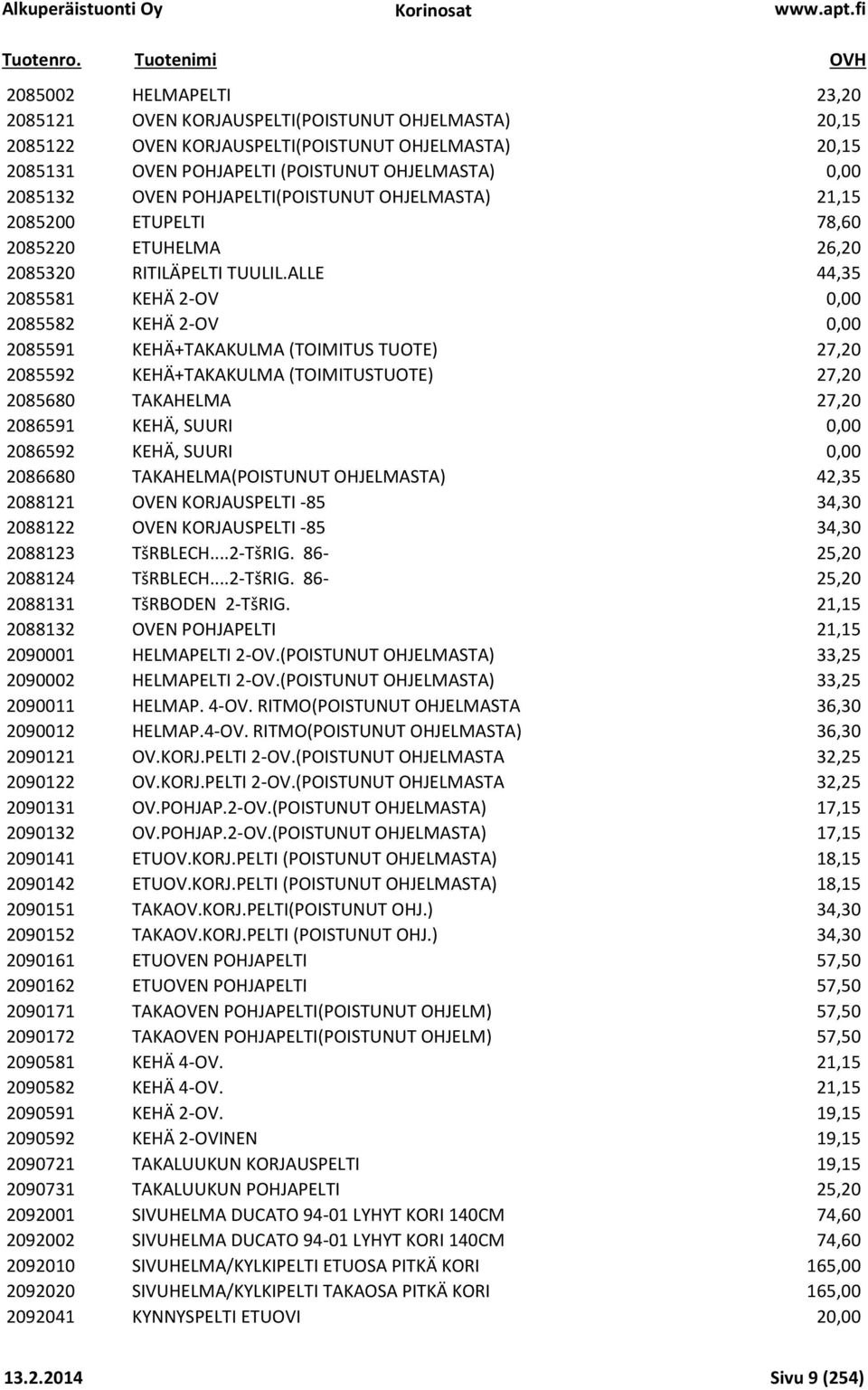 ALLE 44,35 2085581 KEHÄ 2-OV 0,00 2085582 KEHÄ 2-OV 0,00 2085591 KEHÄ+TAKAKULMA (TOIMITUS TUOTE) 27,20 2085592 KEHÄ+TAKAKULMA (TOIMITUSTUOTE) 27,20 2085680 TAKAHELMA 27,20 2086591 KEHÄ, SUURI 0,00