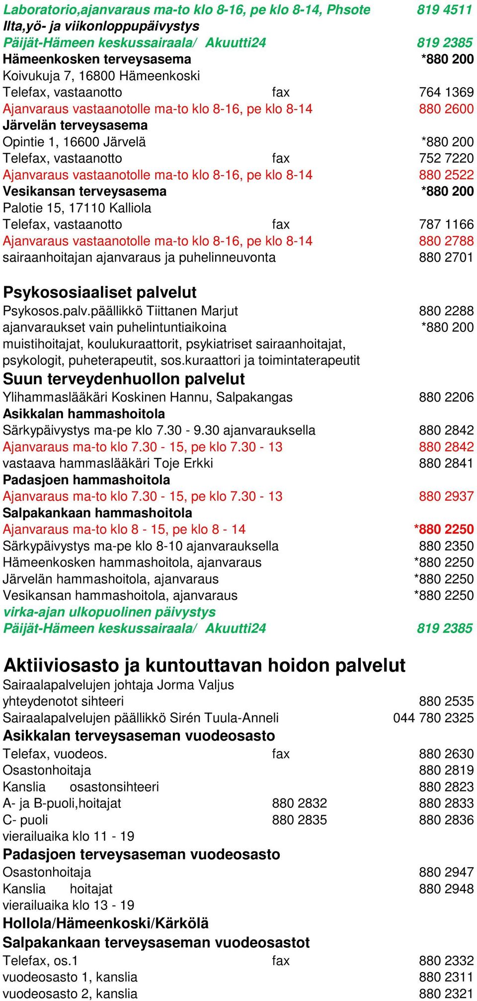 pe klo 8-14 880 2522 Vesikansan terveysasema *880 200 Palotie 15, 17110 Kalliola Telefax, vastaanotto fax 787 1166 Ajanvaraus vastaanotolle ma-to klo 8-16, pe klo 8-14 880 2788 sairaanhoitajan