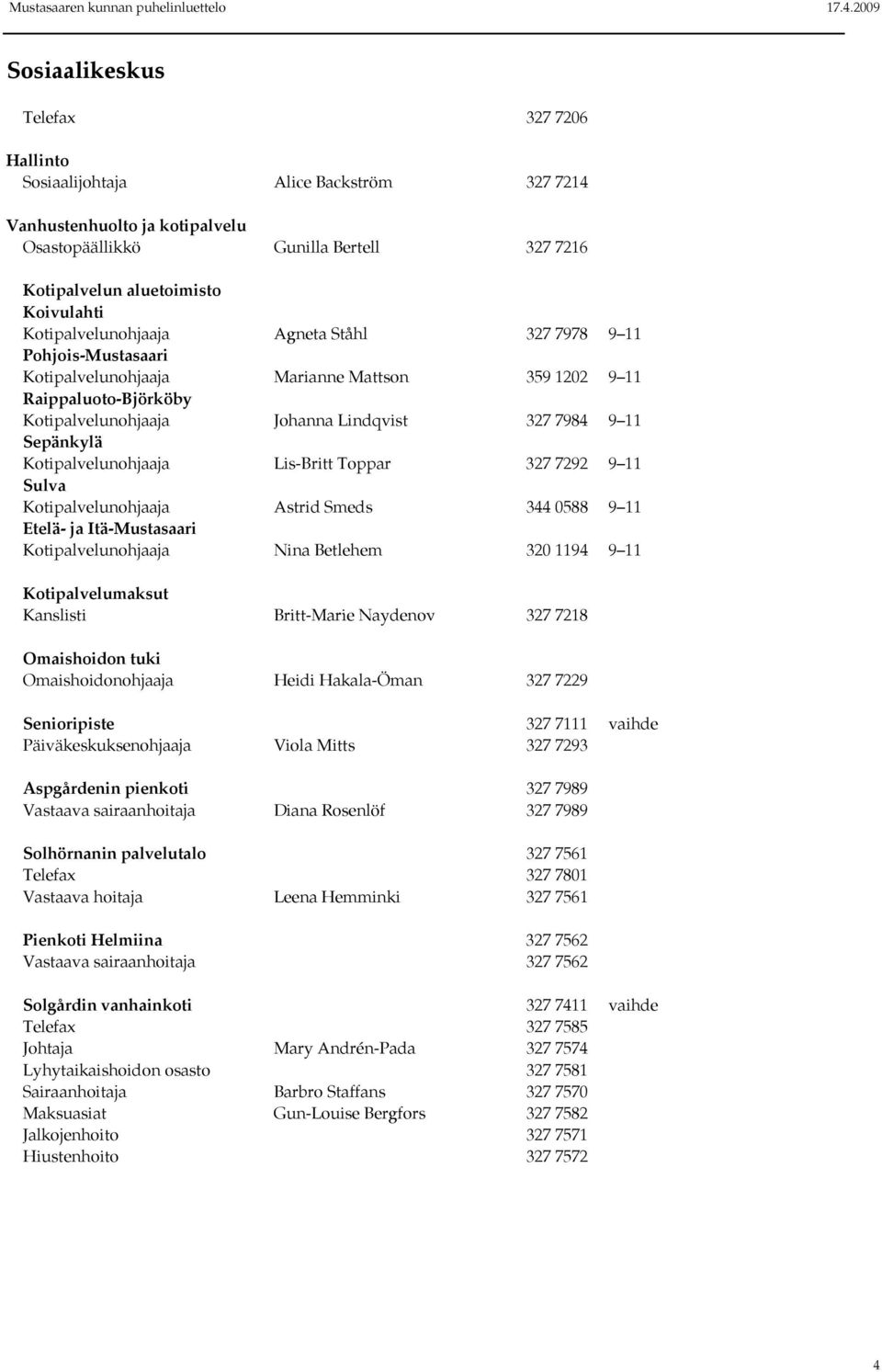 Kotipalvelunohjaaja Lis-Britt Toppar 327 7292 9 11 Sulva Kotipalvelunohjaaja Astrid Smeds 344 0588 9 11 Etelä- ja Itä-Mustasaari Kotipalvelunohjaaja Nina Betlehem 320 1194 9 11 Kotipalvelumaksut