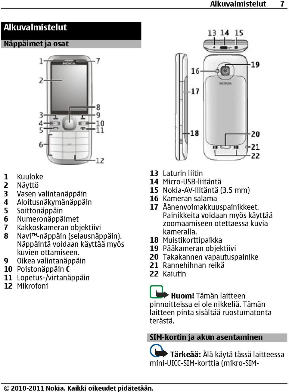 9 Oikea valintanäppäin 10 Poistonäppäin C 11 Lopetus-/virtanäppäin 12 Mikrofoni 13 Laturin liitin 14 Micro-USB-liitäntä 15 Nokia-AV-liitäntä (3.5 mm) 16 Kameran salama 17 Äänenvoimakkuuspainikkeet.