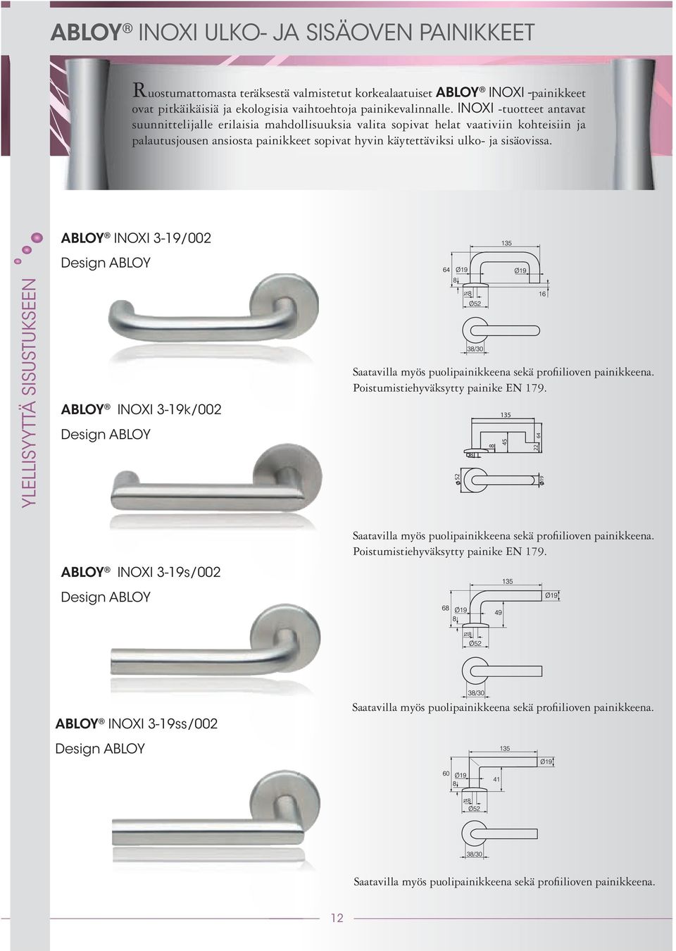 ABLOY INOxI 3-19/002 ylellisyyttä SISUSTUKSEEN ABLOY INOxI 3-19k/002 Saatavilla myös puolipainikkeena sekä profi ilioven painikkeena. Poistumistiehyväksytty painike EN 179.