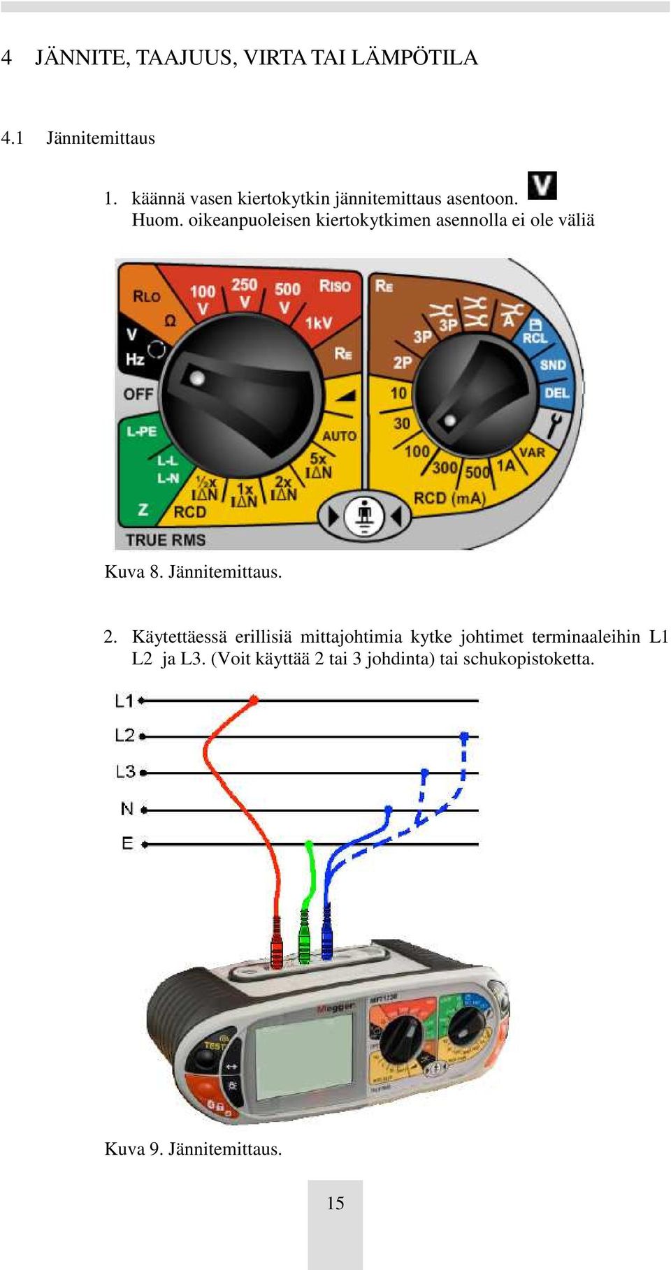 oikeanpuoleisen kiertokytkimen asennolla ei ole väliä Kuva 8. Jännitemittaus. 2.