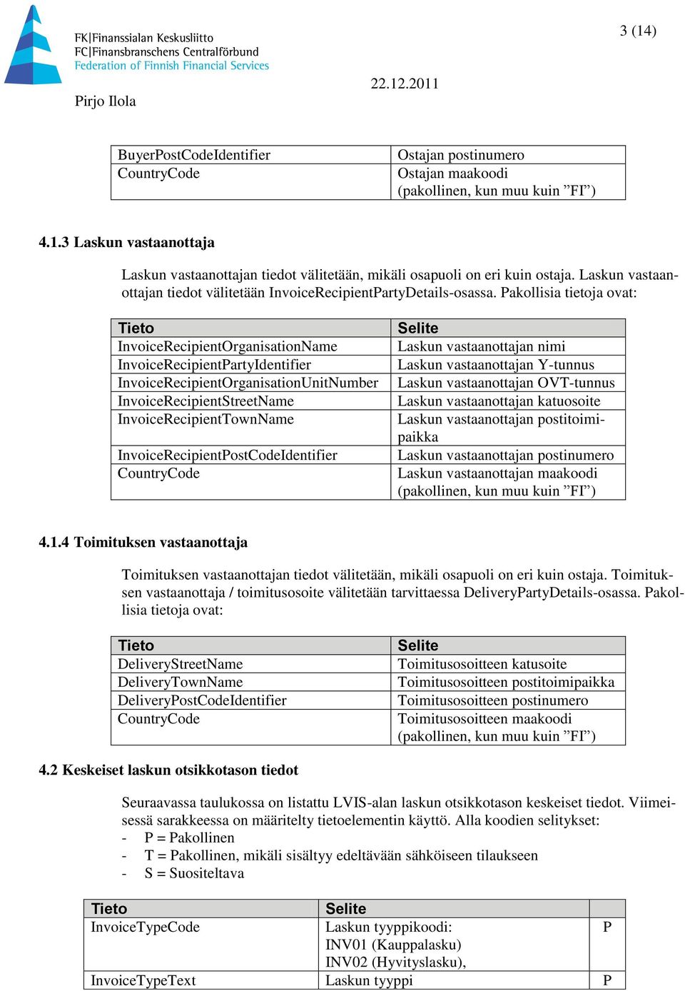 Pakollisia tietoja ovat: Tieto InvoiceRecipientOrganisationName InvoiceRecipientPartyIdentifier InvoiceRecipientOrganisationUnitNumber InvoiceRecipientStreetName InvoiceRecipientTownName