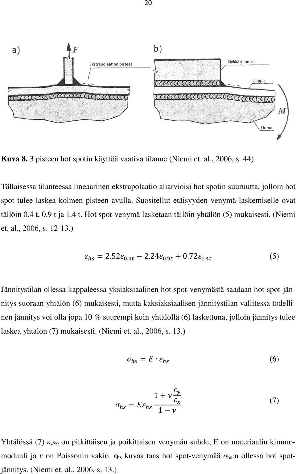 4 t, 0.9 t ja 1.4 t. Hot spot-venymä lasketaan tällöin yhtälön (5) mukaisesti. (Niemi et. al., 2006, s. 12-13.) ε hs = 2.52ε 0.4t 2.24ε 0.9t + 0.72ε 1.
