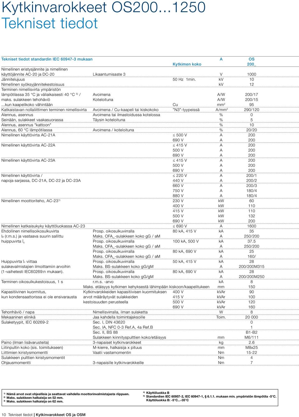 50 Hz min. kv 0 Nimellinen syöksyjännitekestoisuus kv 2 Terminen nimellisvirta ympäristön lämpötilassa 35 C ja väliaikaisesti 40 C 5) / Avoimena A/W 200/7 maks.