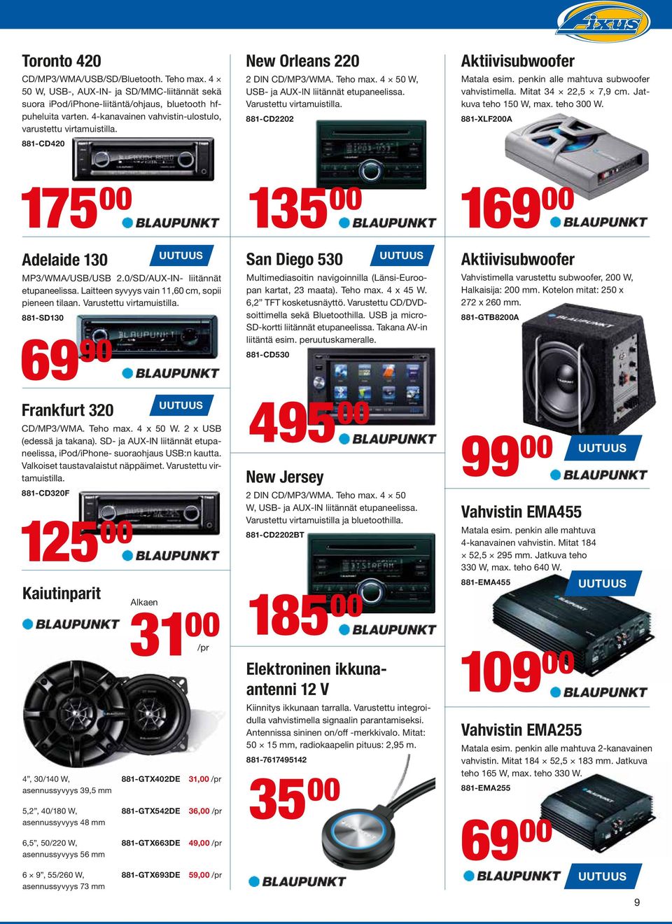 881-CD2202 Aktiivisubwoofer Matala esim. penkin alle mahtuva subwoofer vahvistimella. Mitat 34 22,5 7,9 cm. Jatkuva teho 150 W, max. teho 300 W.