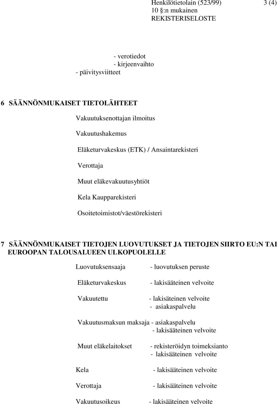 LUOVUTUKSET JA TIETOJEN SIIRTO EU:N TAI EUROOPAN TALOUSALUEEN ULKOPUOLELLE Luovutuksensaaja Eläketurvakeskus Vakuutettu - luovutuksen peruste -