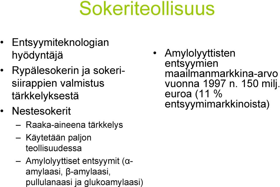 teollisuudessa Amylolyyttiset entsyymit (αamylaasi, β-amylaasi, pullulanaasi ja