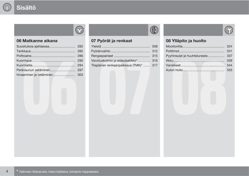 .. 315 Varoituskolmio ja sideulaatikko*... 316 Tilapäinen renkaanpaikkaus (TMK)*... 317 08 Ylläpito ja huolto 08 Moottoritila.