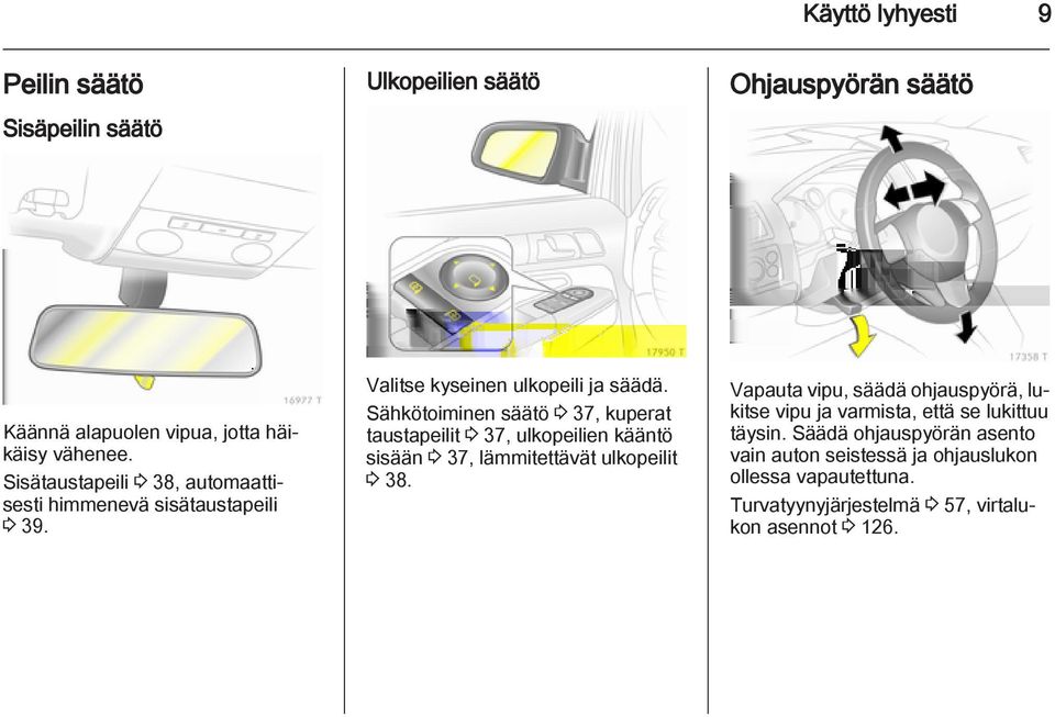 Sähkötoiminen säätö 3 37, kuperat taustapeilit 3 37, ulkopeilien kääntö sisään 3 37, lämmitettävät ulkopeilit 3 38.