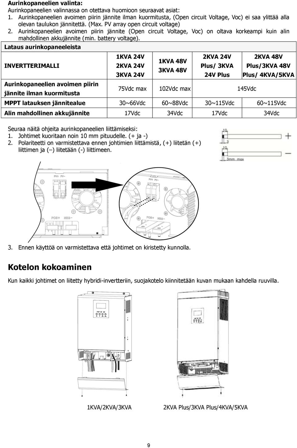 Aurinkopaneelien avoimen piirin jännite (Open circuit Voltage, Voc) on oltava korkeampi kuin alin mahdollinen akkujännite (min. battery voltage).